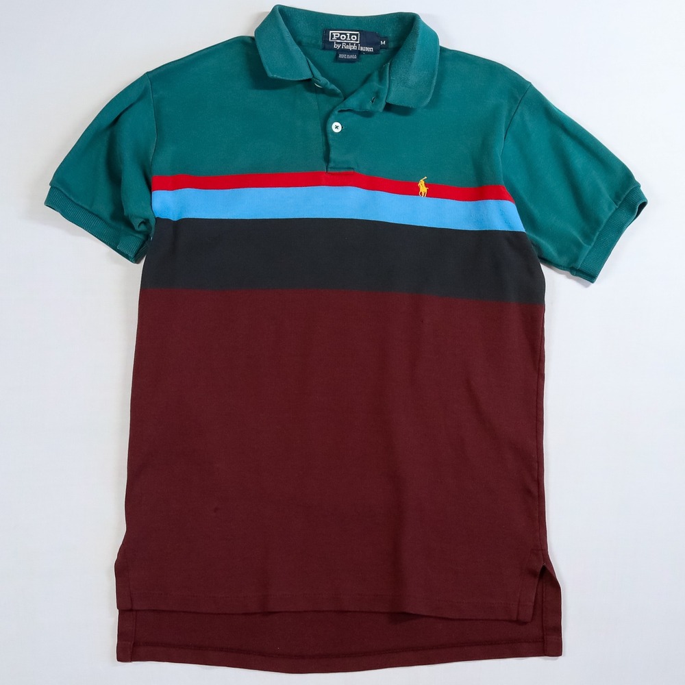 Vintage Polo Ralph Lauren Polo Shirt Mens M Green Colorblock Stripe USA Made 90s